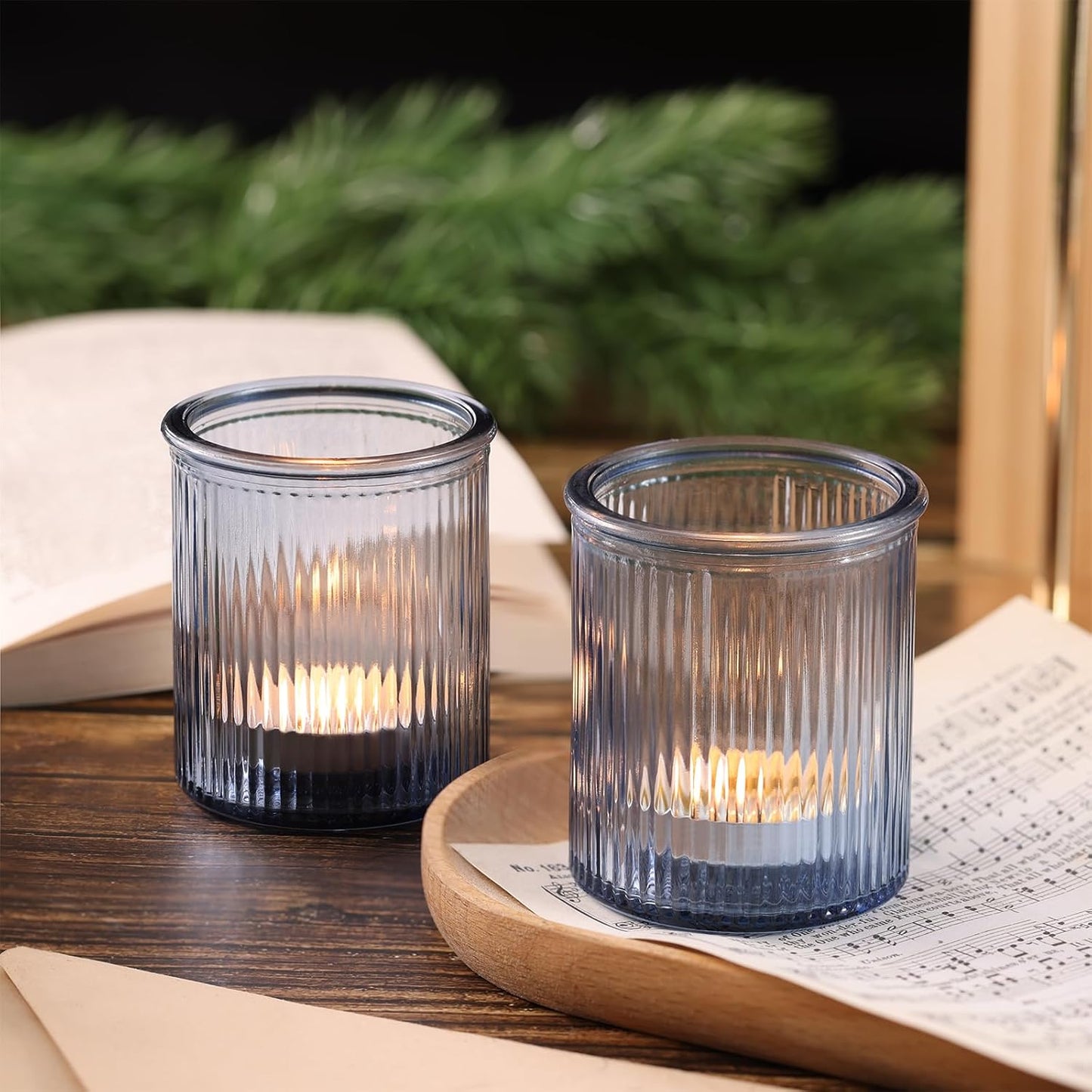 8Pcs Ribbed Blue Votive Candle Holders, Tea Light Candle Holder Glass, Blue Candle Holders for Table Centerpiece, Wedding Decor, Home and Holiday Decor