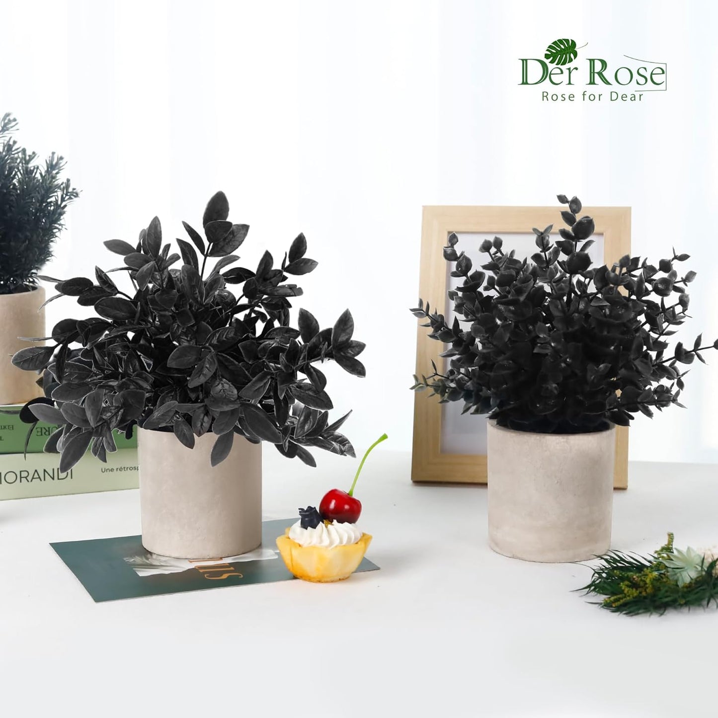 Der Rose 3 Pack Black Mini Potted Fake Plants Decor Artificial Eucalyptus Plants Topiaries for Halloween Black Bathroom Accessories Home Office Desk Farmhouse Room Table Decor