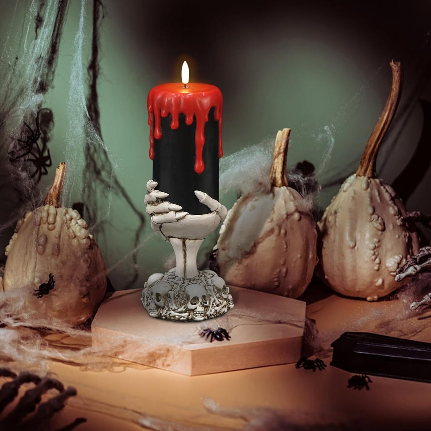 DRomance Black Flameless Flickering Candles with Timer, Blood Dripping Wax Effect Battery Operated LED Pillar Candle with Skeleton Hand Candle Holder Halloween Table Centerpiece Decor(4" x 11")