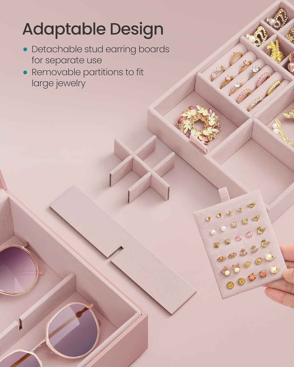 SONGMICS 2-Layer Jewelry Box, Jewelry Organizer with Handle, Removable Jewelry Tray, Jewelry Storage, Floating Effect, 8.1 x 9.4 x 4.3 Inches, Gift Idea, Jelly Pink UJBC165R01