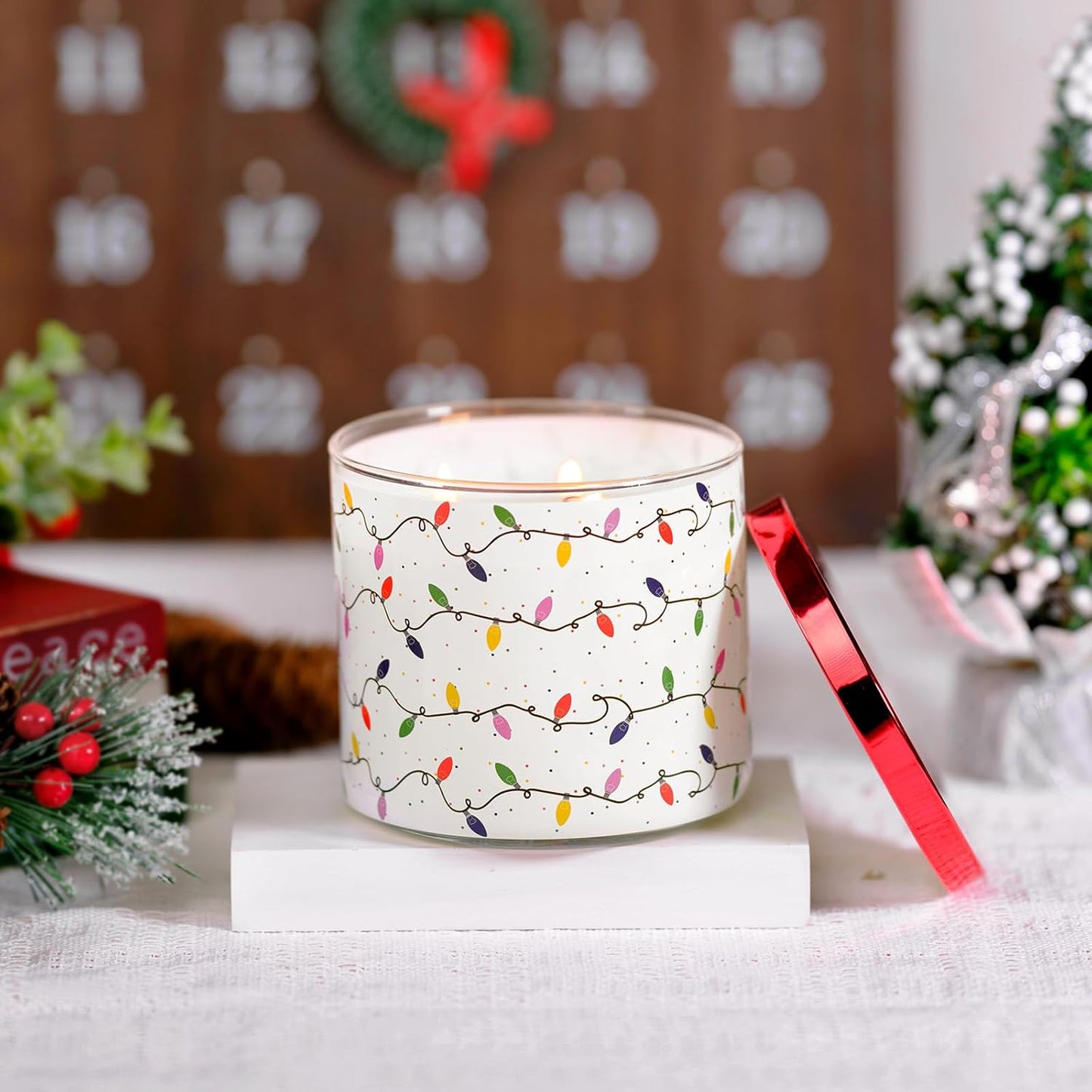 Christmas Candles, Xmas Berry Jam Scented Candle, Large 3 Wicks, 14 oz Christmas String Lights Candle Gift