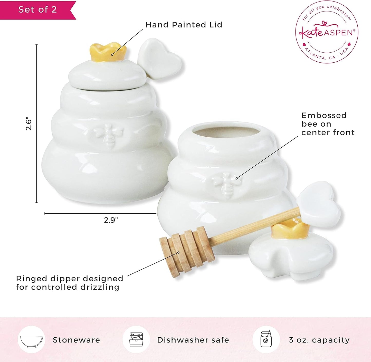 Kate Aspen Ceramic Bee Hive Mini Honey Jar & Wooden Honey Dipper Set (Set of 2) Kitchen Decor, Bumblebee Baby Shower Prize, Take Home Gift, Bee Decorations