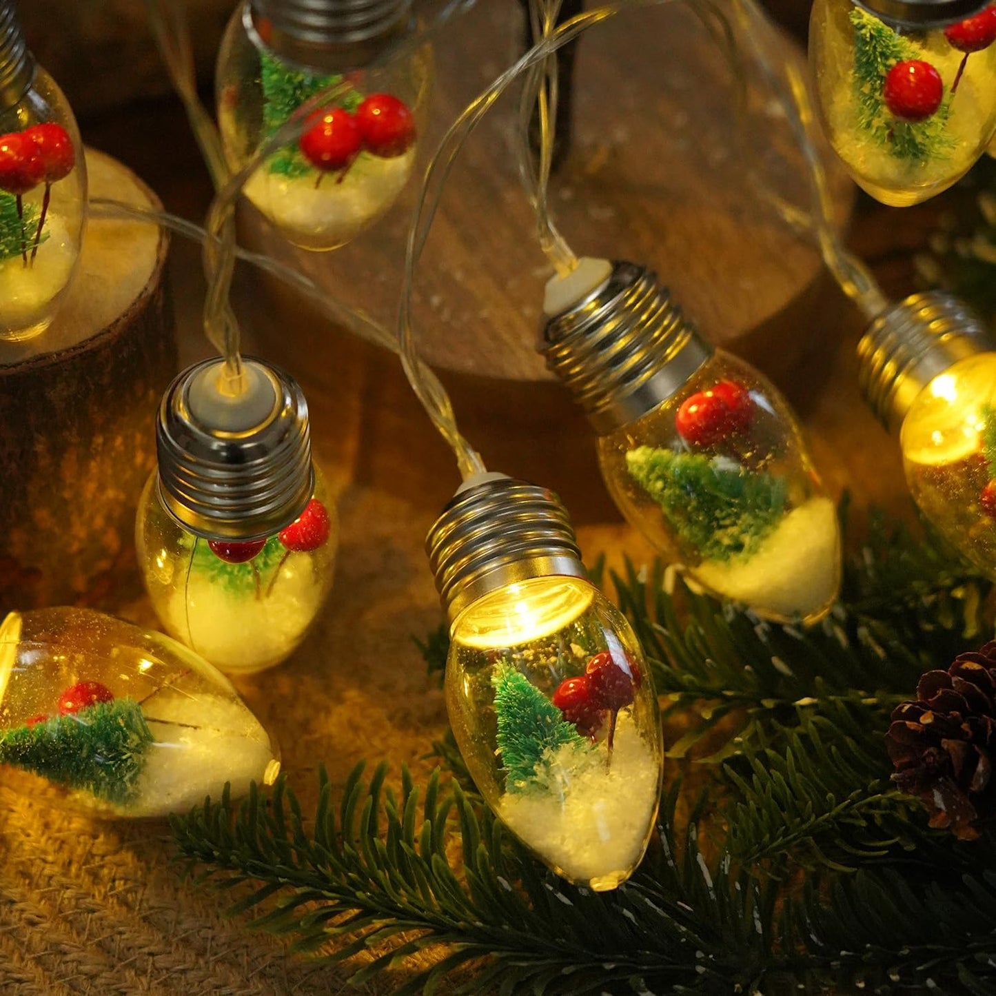 Christmas Snow Globe String Lights Indoor Decorations, 10 LED Clear Bulbs String Lights with Christmas Tree & Berry for Home Bedroom Fireplace Xmas Lights(6.6FT)