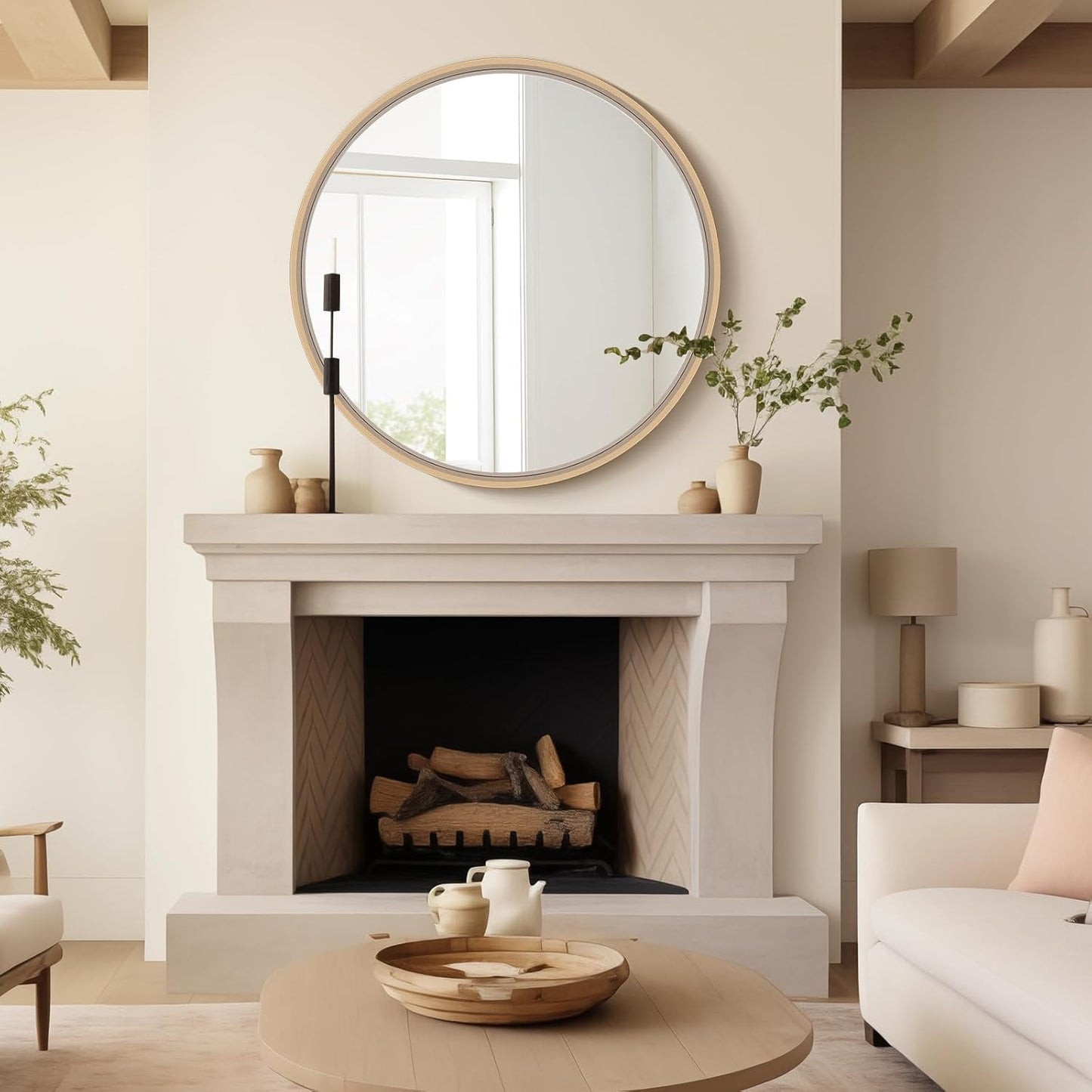 HOMECOOKIN Round Wood Mirror, 28" Round Bathroom Wall Mirror Circle Mirrors for Wall Decor, Vanity, Living Room, Bedroom, Entryway, Natural