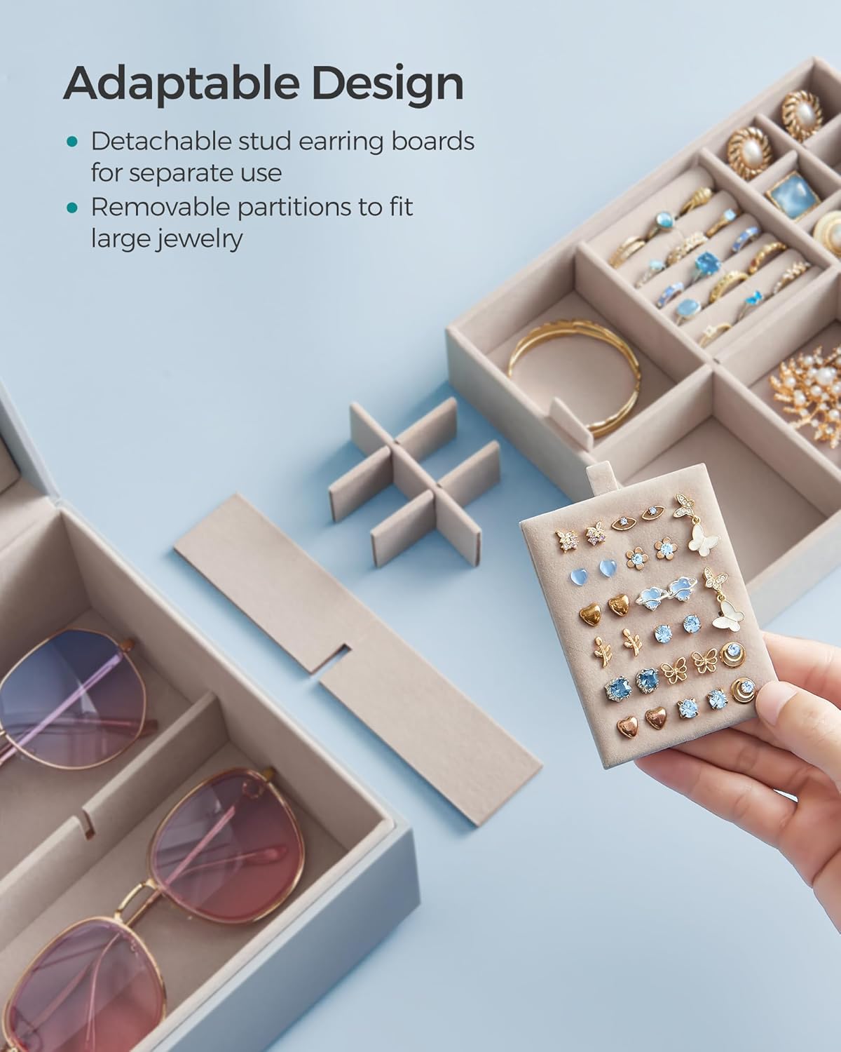 SONGMICS 2-Layer Jewelry Box, Jewelry Organizer with Handle, Removable Jewelry Tray, Jewelry Storage, Floating Effect, 8.1 x 9.4 x 4.3 Inches, Gift Idea, Misty Blue UJBC165Q01