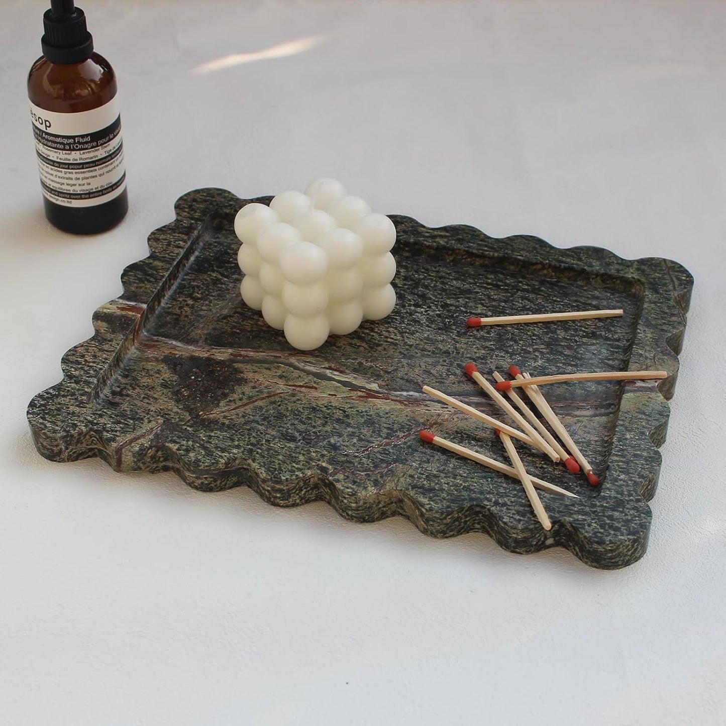 Natural Luxury Scalloped Marble Tray 10.8"x8", Rectangle Vanity Tray for Bathroom Kitchen Counter, Decorative Tray for Dresser Home Decor - Rainforest Green