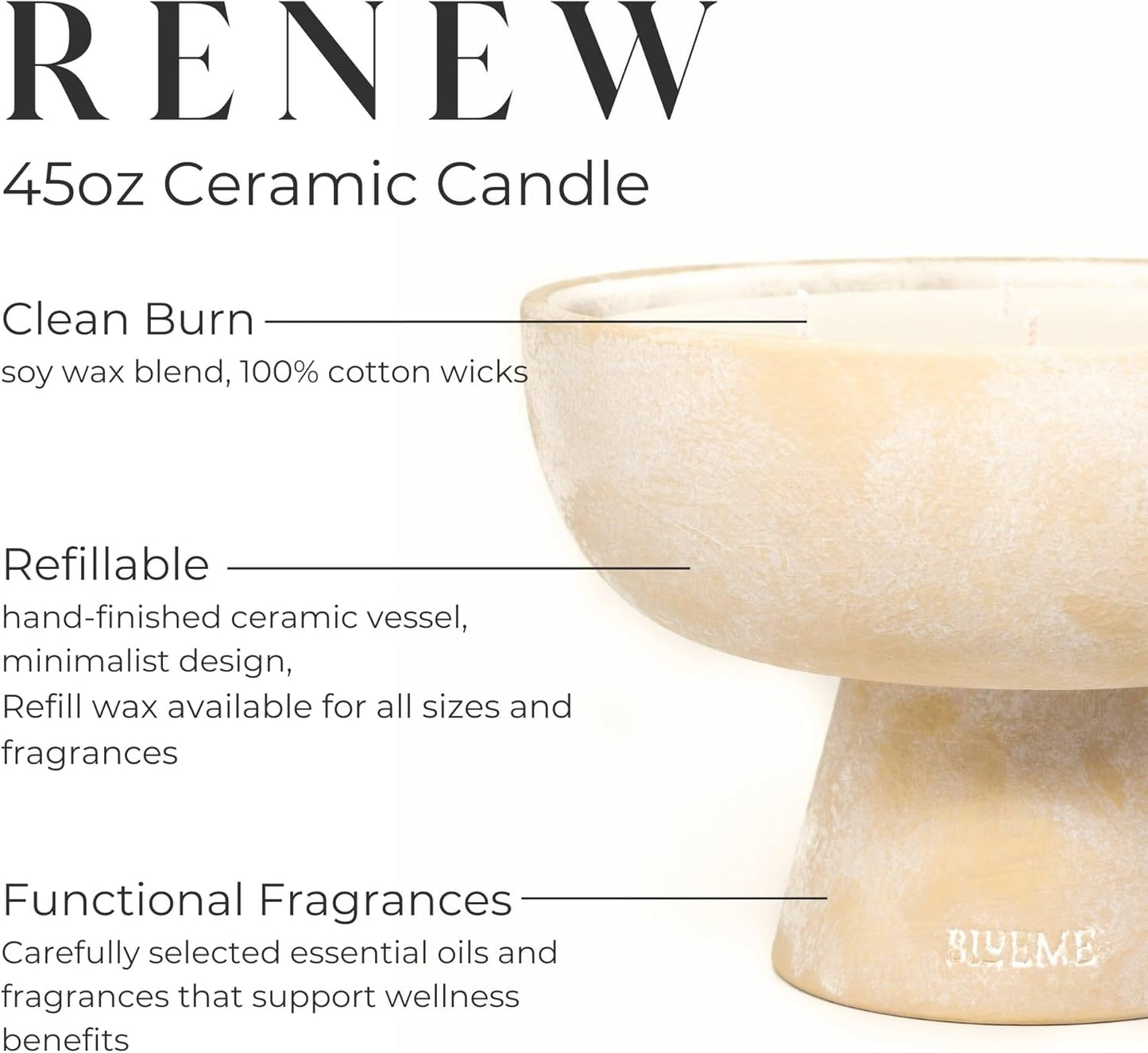 BLUEME Renew - Ivy & Rose, Luxury Candle w/Essential Oils, 6 Wick, Hand-Poured Soy, Cotton Wick, Ceramic