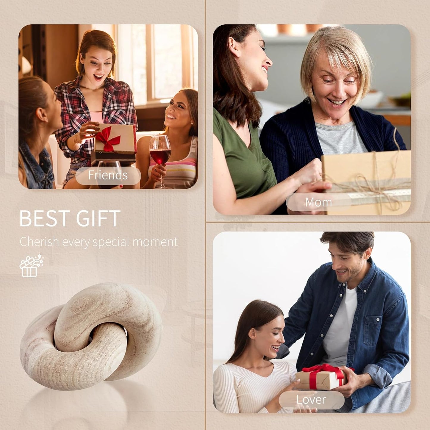 2 Link Decorative Wooden Chain with 58in Bread Decor,Boho Farmhouse Rustic Living Room Décor, Wood Chain Knot Decor for Coffee Table (Beige)