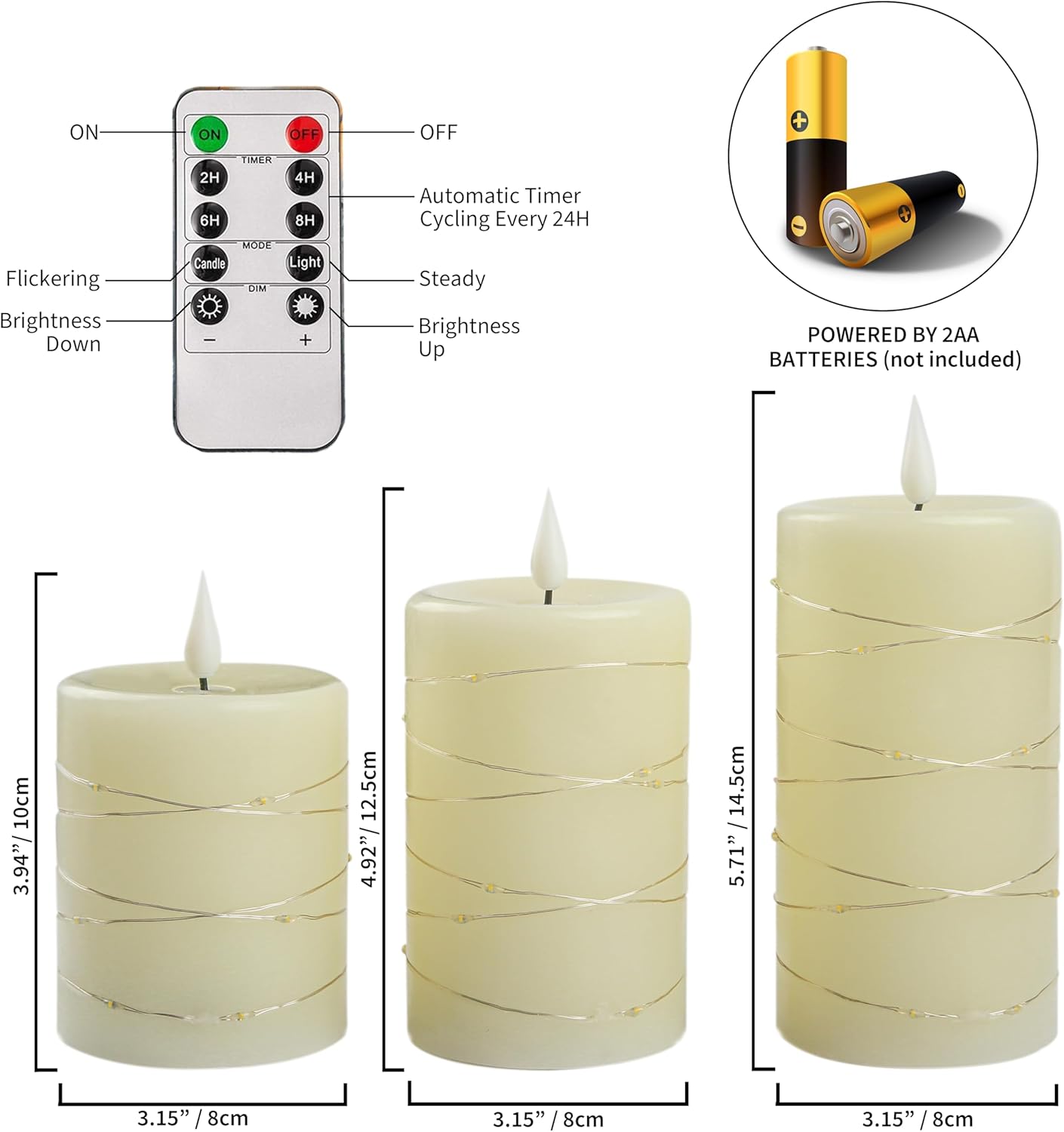 Niceme 3PCS Flickering Flameless Candles with Embedded String Lights, Battery Operated Electric Pillar Candle 3D Teardrop Black Wick Ivory Real Wax Fake Candle with 10-Key Remote Timer Fairy Starlight