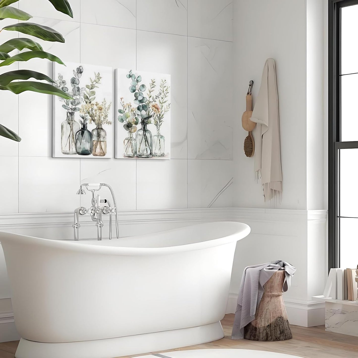 Framed Boho Eucalyptus Wall Art 2Pcs,Sage Green Plant and Flower in Glass Vase Canvas Prints, Minimalist Botanical Painting Picture, Nature Poster Artwork for Living Room,Bathroom, Kitchen Wall Decor 12X16IN