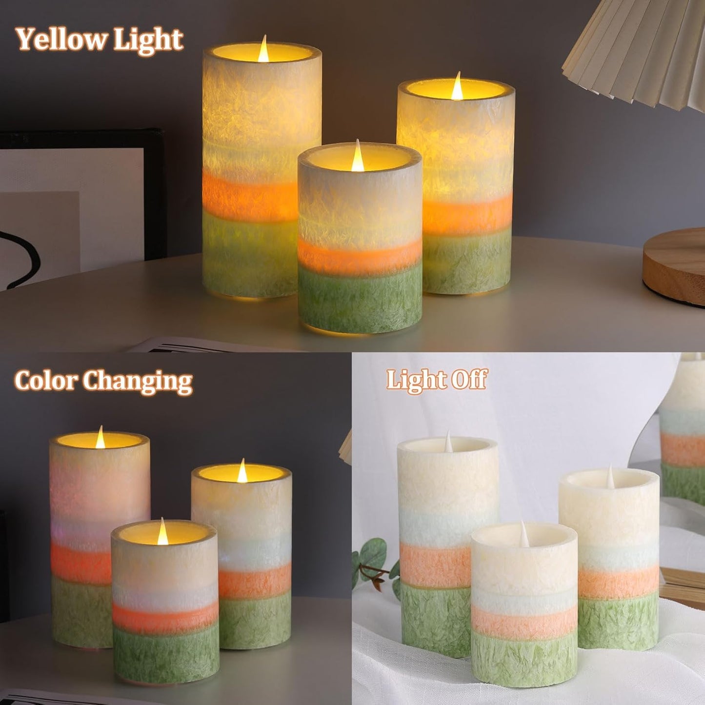 Eywamage Color-Changing Flameless Pillar Candles with Timer - Real Wax Coated, Battery-Operated Set of 3