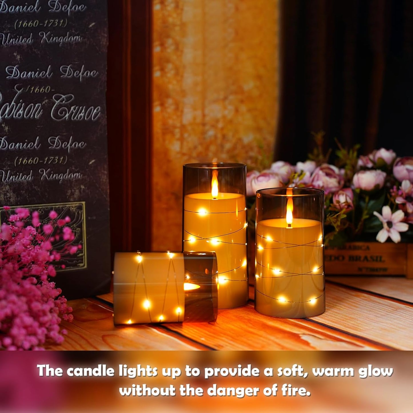 Flameless LED Candles with Timer 3 Pc Flickering Flameless Candles for Romantic Ambiance and Home Decoration Stable Acrylic Shell,with Embedded Star String,Battery Operated Candles(Grey)