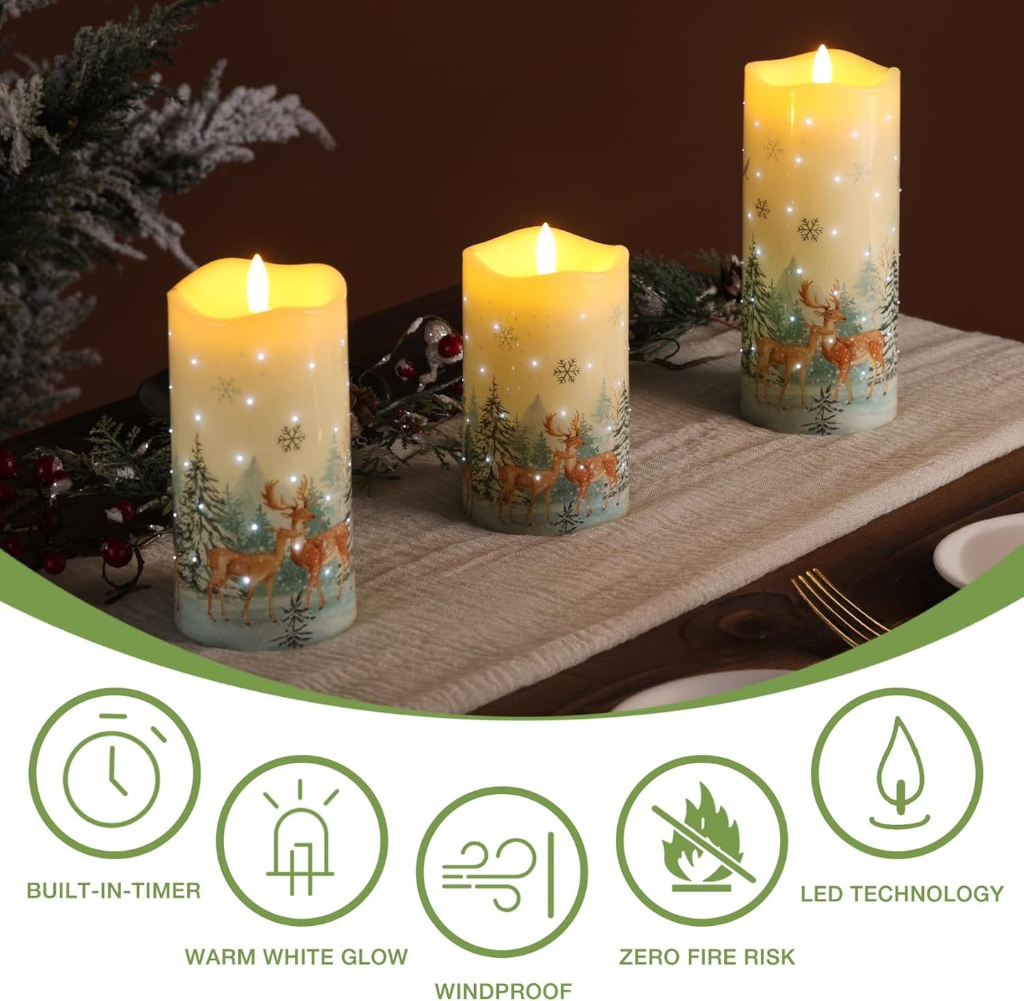 Eywamage Forest Deer Fiber Optic Flameless Pillar Candles with Remote, Flickering Christmas LED Battery Candles Set of 3