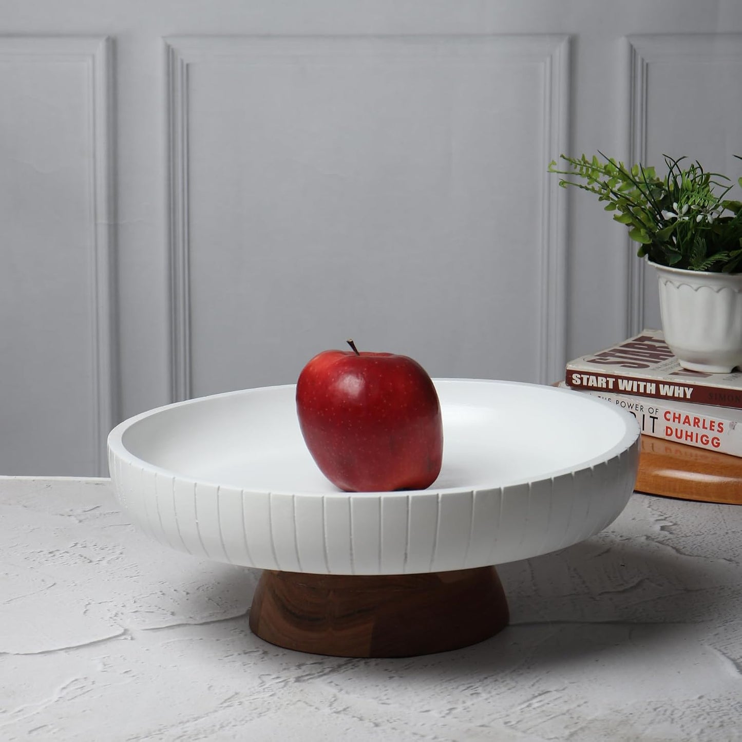 wooden fruit bowl with pedestal | 12" wide and 5" high | Pedestal made of sturdy acacia wood with natural finish |(White Glossy)