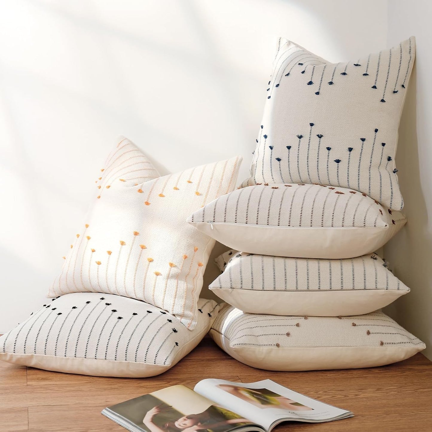 YCOLL Boho Throw Pillow Covers 18x18 Set of 2 Neutral Woven Decorative Pillowcases Cotton Tufted Couch Pillows Modern Farmhouse Accent Cushion Covers for Sofa Couch Bed Living Room Home Decor, Brown