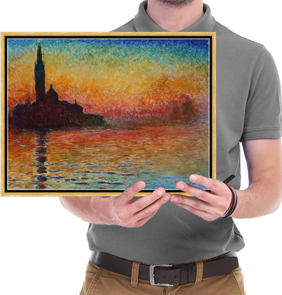 Wieco Art Framed Art Dusk in Venice by Claude Monet Oil Paintings Reproduction Modern Canvas Prints Landscape Pictures Artwork for Home office Decorations Bronze Gold Frame
