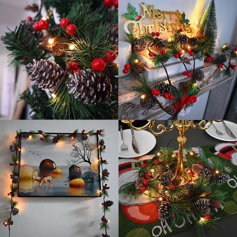 Christmas Garland Lights 6.56FT Holiday Prelit Garlands Pine Cone Garland with Red Berry Upgraded Battery Operated Garland with LED Lights Xmas Decor Lights for Outdoor Indoor Christmas