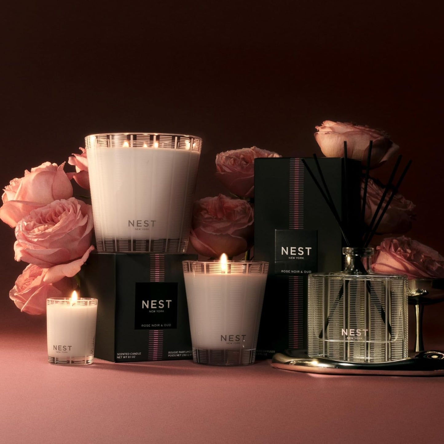 NEST New York Scented 3-Wick Candle, Rose Noir & Oud - 21.2 oz - Up to 100-Hour Burn Time - Reusable Glass Vessel