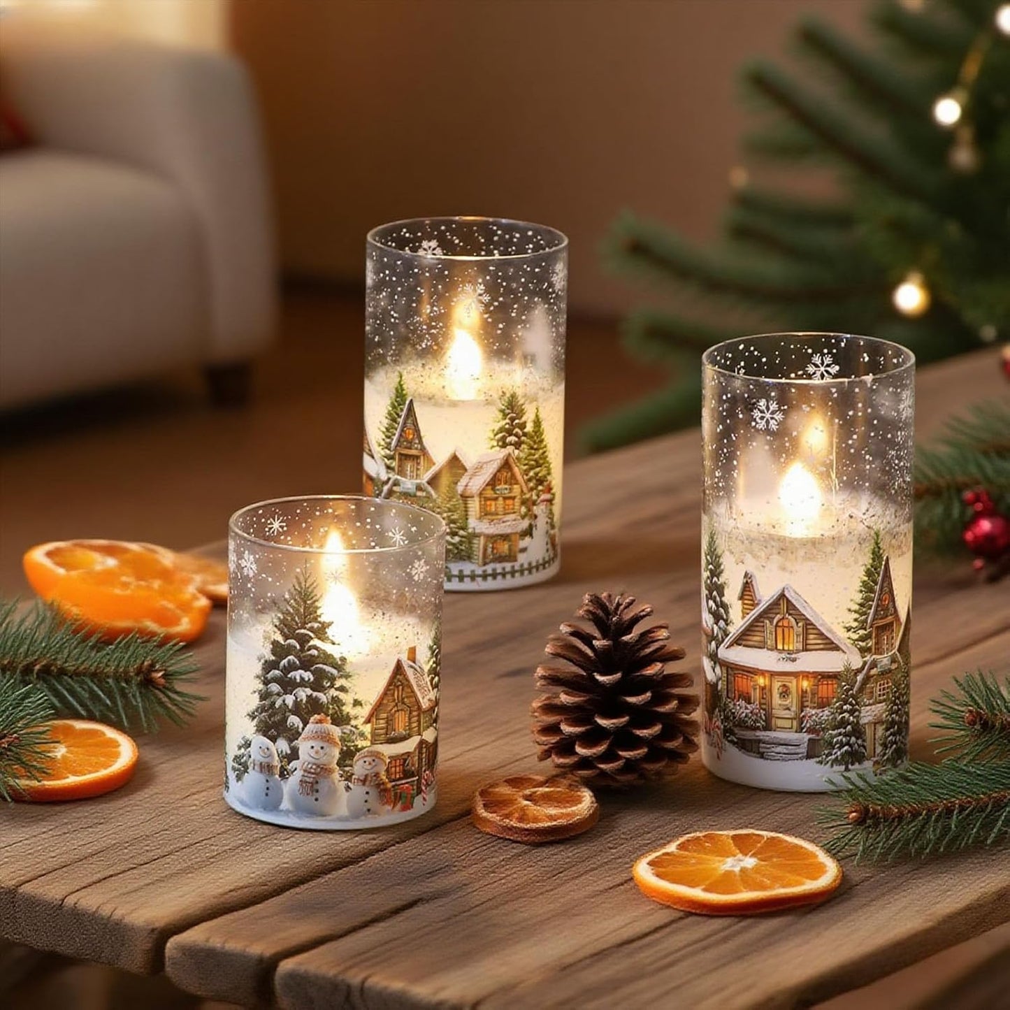 DRomance Snowman House Glass Flameless Candles Battery Operated with Remote and Timer Real Wax LED Flickering Pillar Candles Cold White Light Window Christmas Holiday Decor 3" D x 4", 5", 6" H