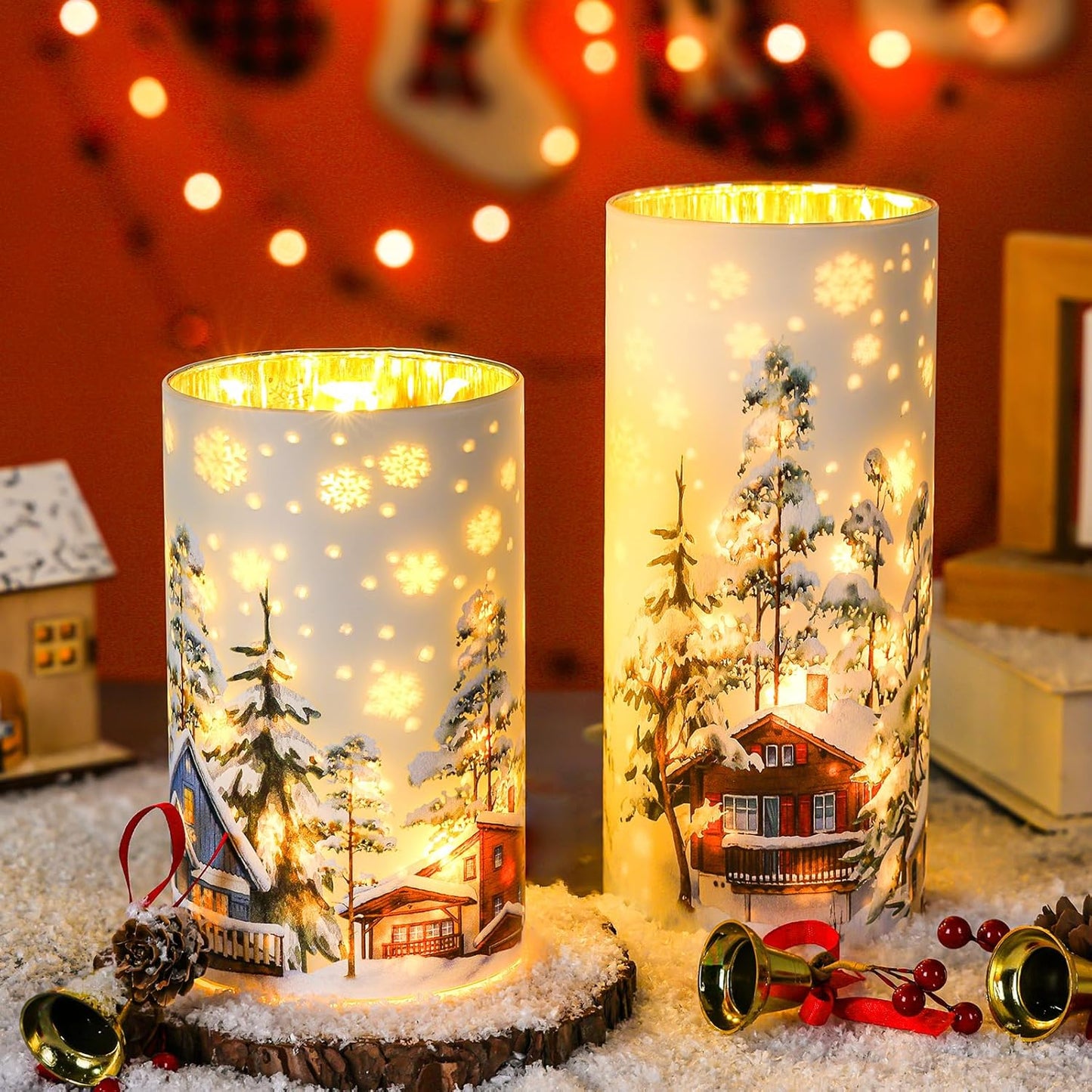Christmas Decorations Indoor,Mercury Glass Lights with Timer,Battery Powered Fairy Light,LED Candles with Snowflake Carvings,for Table Centerpiece Home Decor (White)