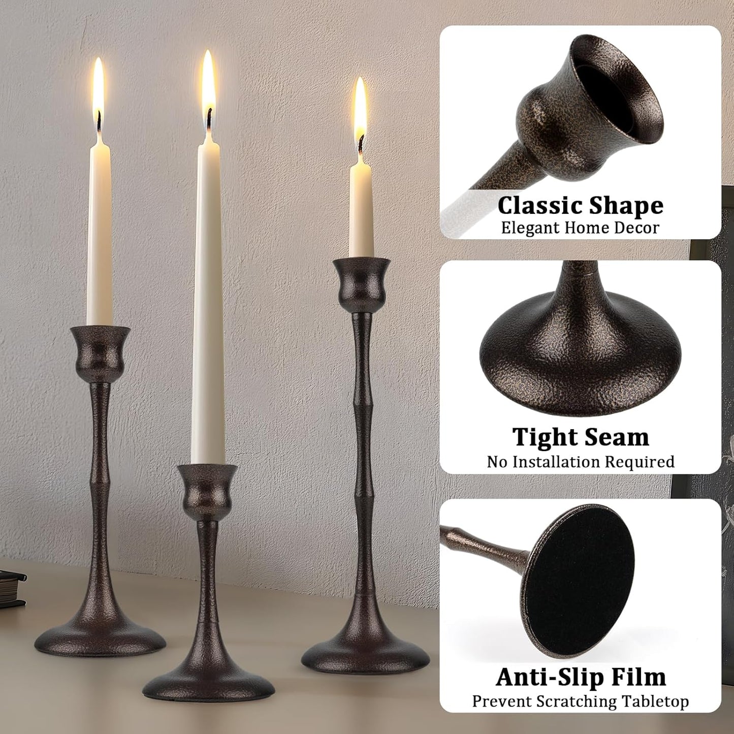 Vintage Metal Candlestick Holders, Set of 3 Bronze Candle Holders for Candlesticks Antique Taper Candles Stands Candle Sticks Holder for Housewarming Wedding Mantelpiece Table Centerpiece Decor