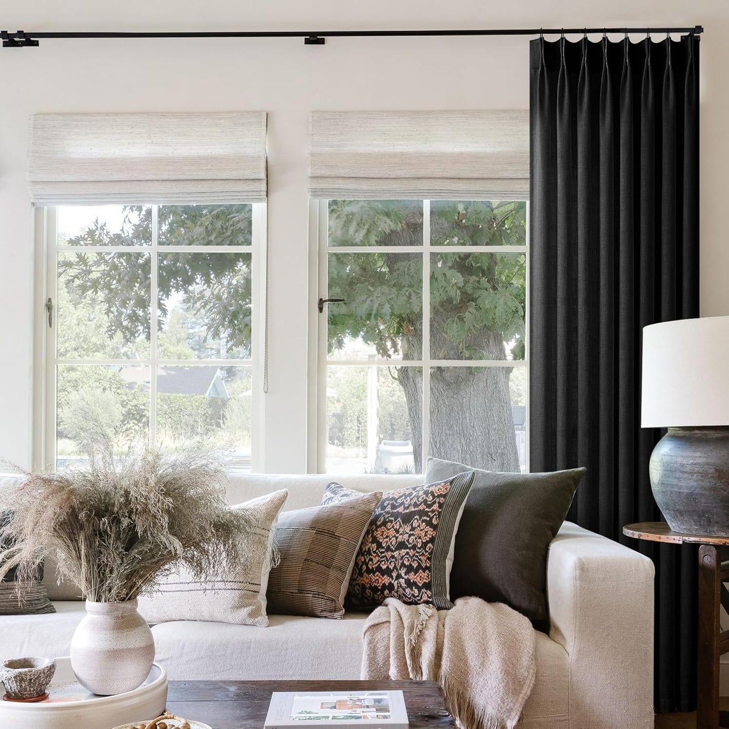 Black Pinch Pleated Linen Curtains 102 Inches Long for Living Room Bedroom Light Filtering Boho Window Drape 102 Inch with Hooks Rings Sliding Glass Door Semi Sheer Curtain 1 Panel 50 Inch Width