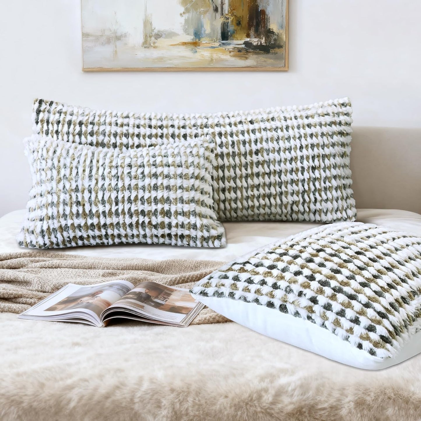 Boho Chenille Tufted Pillow Cover 14x36 Inch Set of 1, Farmhouse Striped Decorative Pillow Covers Accent Fluffy Neutral Long Body Bolster Pillow for Couch Sofa Bedroom Living Room, Brown Gray