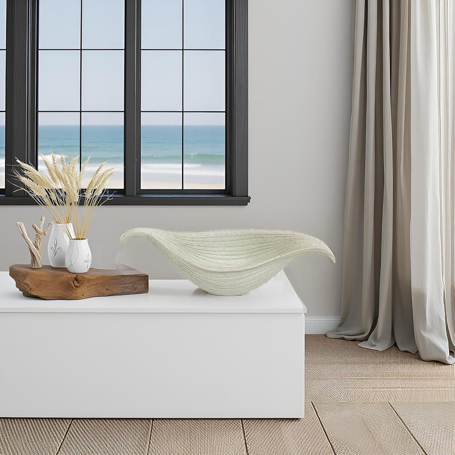 12.6" Large Decorative Leaf Bowl decor , Decorative Bowls for Modern Home Decor,Ruffle Decor,Stylish Key Bowl for Entry Table,Decorative Fruit Bowls for Kitchen Counter,Artificial Stone Light Gray