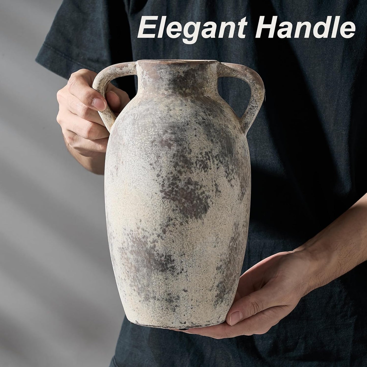 9.84 Inch Ceramic Vase with Handles, Tuscan Decor Antique Terracotta Vase, Rustic Decorative Flower Vase for Home Decor, Farmhouse, Living Room, Table, Bedroom, Office, Entrance- Gray