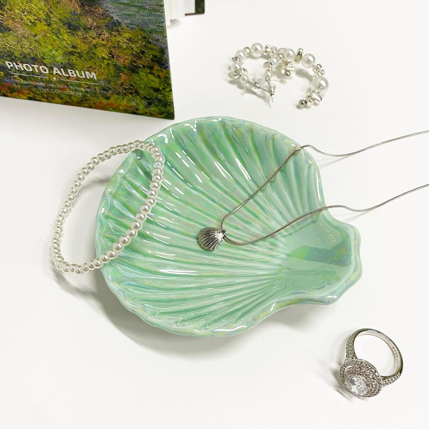 Ceramic Shell Ring Holder Dish, Small Shell Trinket Dish for Women, Ceramic Beachy Jewelry Plate Bowl for Earrings Necklace, 3.9", Ice Green Iridescent Surface