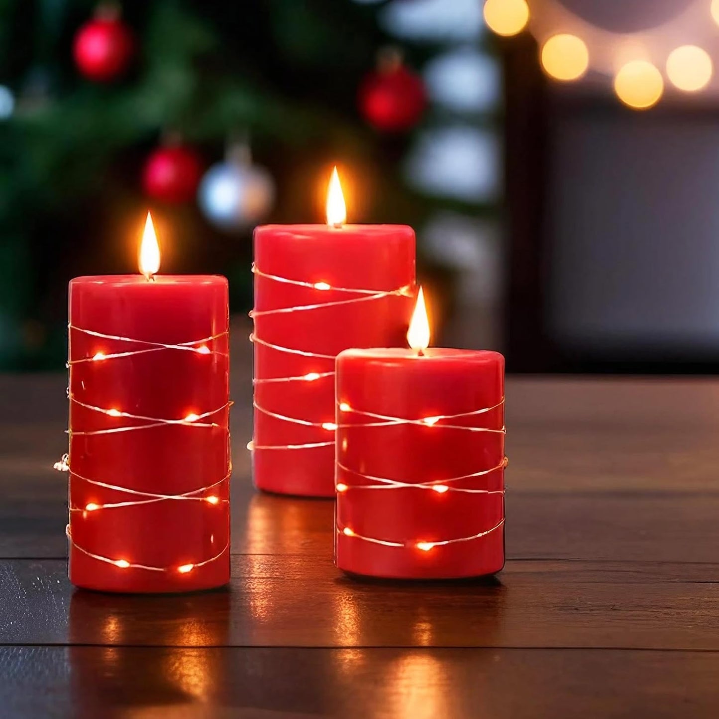 NICEME Red Flameless Candles with String Lights Battery Operated LED Pillar Candles 4‘’ 5‘’ 6‘’ Candle with Remote Control,Fake Candle Set of 3 for Christmas or Special Festivals Decorations