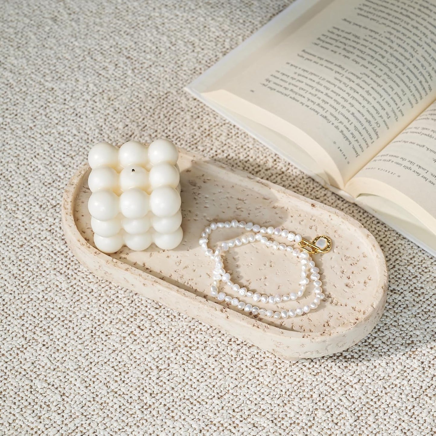 DN DECONATION Resin Decorative Tray with Legs, 4 Footed Coffee Table Trays Decor, Travertine Look Vanity Tray for Perfume Jewelry Bathroom Soap Kitchen Countertop Dresser, Oval 9.53x1.97in