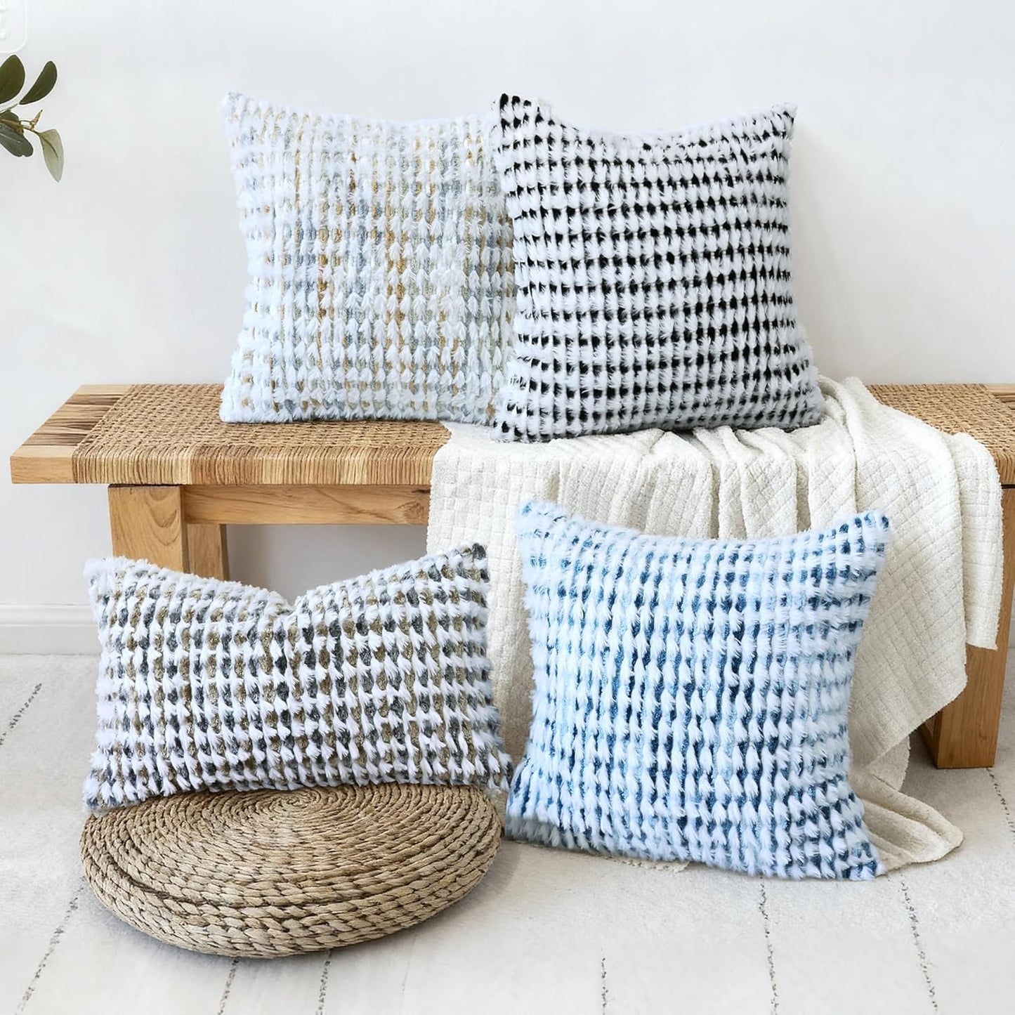 Boho Chenille Tufted Pillow Cover 12x20 Inch Set of 1, Farmhouse Striped Decorative Pillow Covers Accent Fluffy Neutral Lumbar Pillowcases for Couch Sofa Bedroom Living Room, Blue White