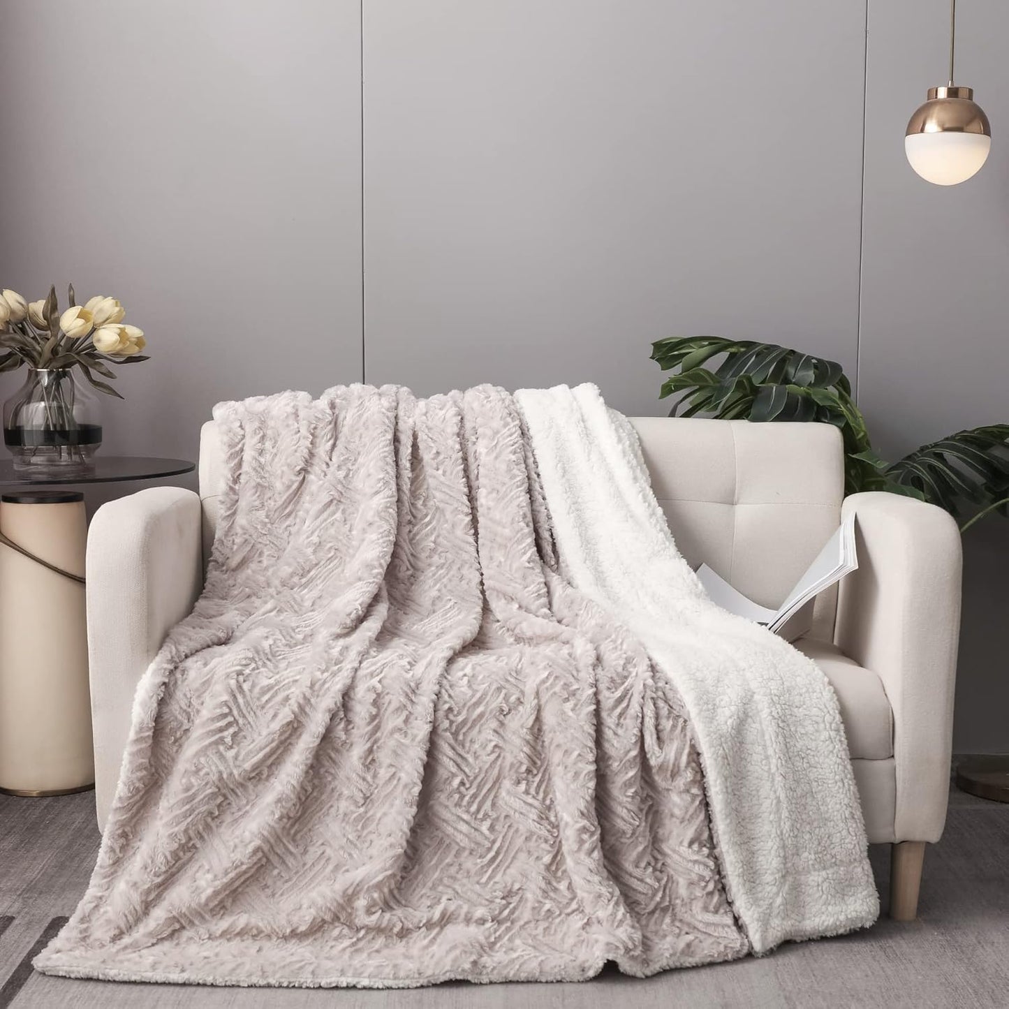 DaDa Bedding Faux Fur Throw Blanket - Farmhouse Lavender Grey, Geometric Embossed Design, Sherpa Backing, Ultra Soft & Warm - Large 63" x 90" Size