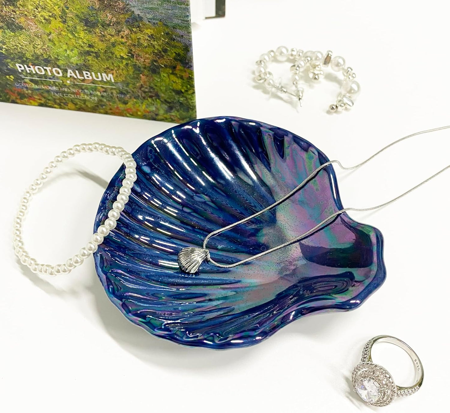 Shell Jewelry Holder Dish Aesthetic, Ceramic Seashell Trinket Dish for Women, Cute Room Decor Jewelry Plates for Earrings Ring Necklace, 3.9", Indigo Iridescent Surface