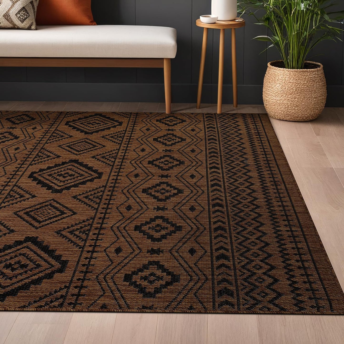 Beverly Rug Waikiki Boho Indoor Outdoor Rug 6x9, Washable Outside Carpet for Patio, Deck, Porch, Bohemian Area Rug, Farmhouse Rugs, Aztec Tribal Rug, Nut Brown and Black