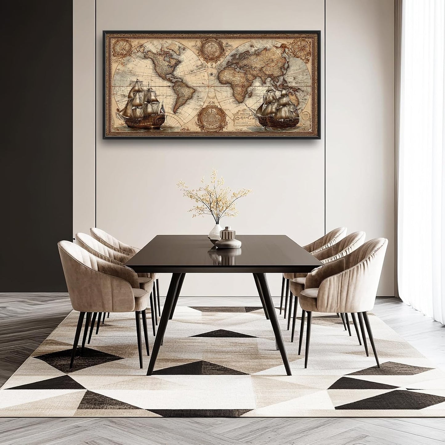 Glocmna Large Old World Map Wall Art for Living Room Antique Old Nautical Sailboat Map Canvas Wall Decor Age of Discovery Big Vintage Geography Sea Voyages Pictures Painting Print Framed Artwork Decorations Gifts for Bedroom Home Office 30"x60"