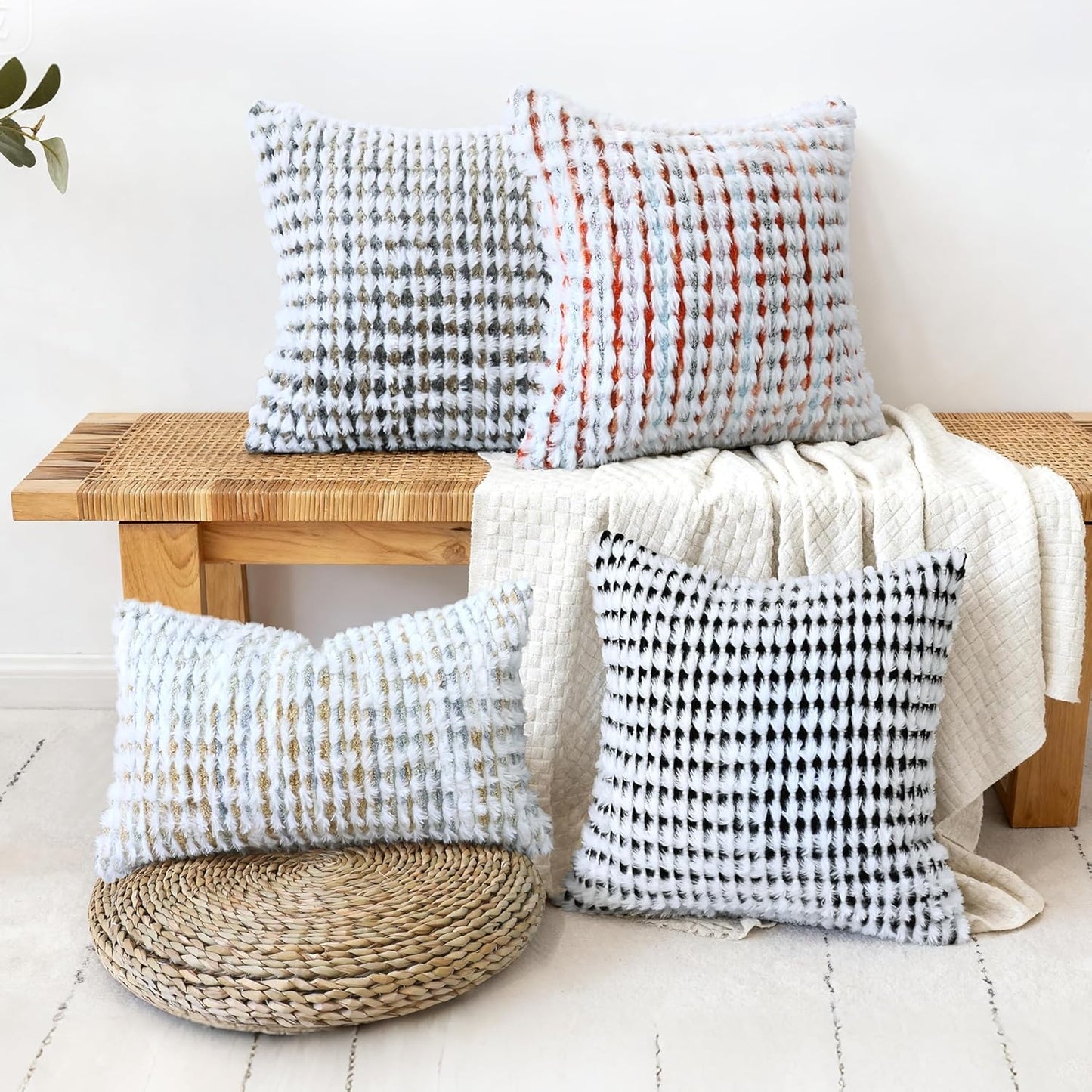 Boho Chenille Tufted Pillow Cover 20x20 Inch Set of 1, Farmhouse Striped Decorative Pillow Covers Accent Fluffy Neutral Square Pillowcases for Couch Sofa Bedroom Living Room, Brown Gray