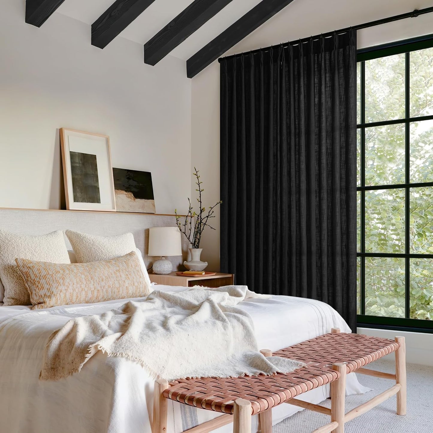 Pinch Pleated Linen 102 Inch Curtains 70 Inch Width for Living Room Divider Light Filtering Semi Sheer Black Extra Wide Patio Curtains for Sliding Door Floor Ceiling Picture Window 70x102 1 Panel