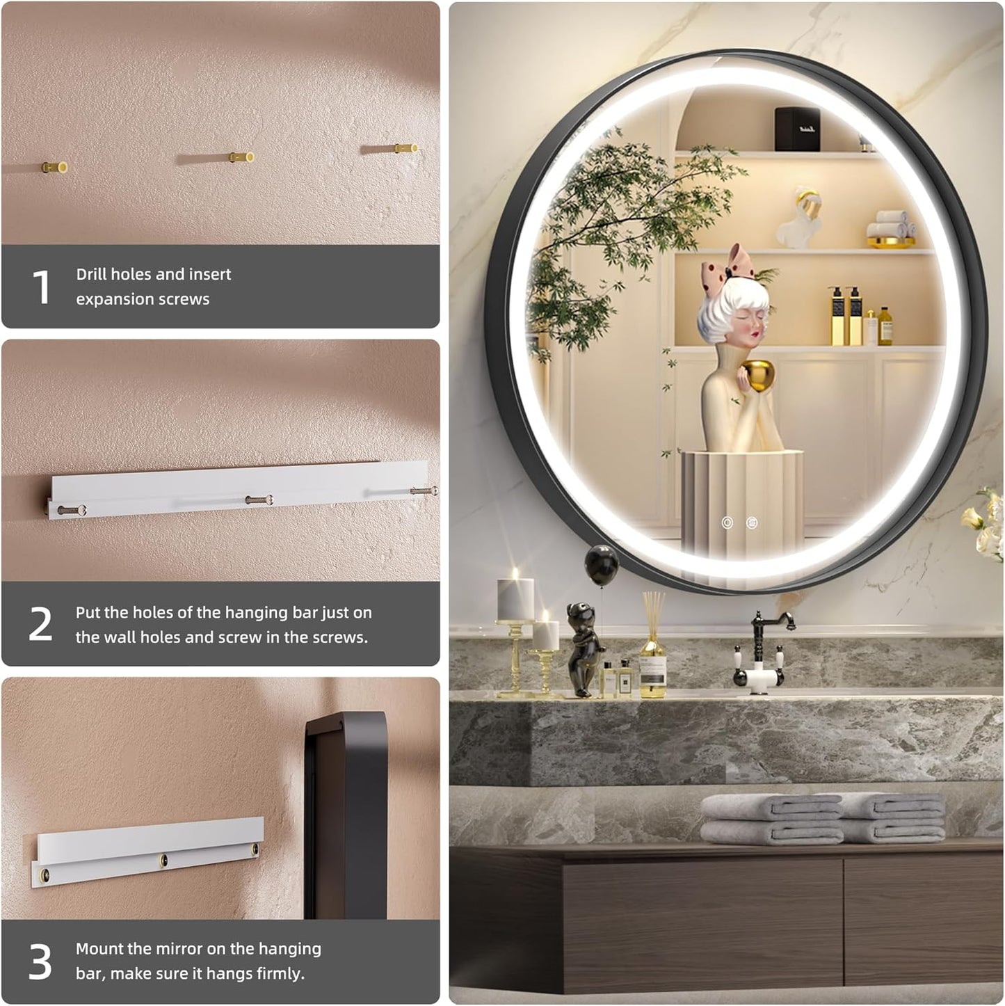 Hasipu 32 Inch Round LED Mirror for Bathroom with Lights, Black Circle Vanity Mirror for Wall, Metal Framed Frontlit Bathroom Mirrors Anti-Fog, Dimmable, 3 Colors Lighted Makeup Mirror Wall Mounted