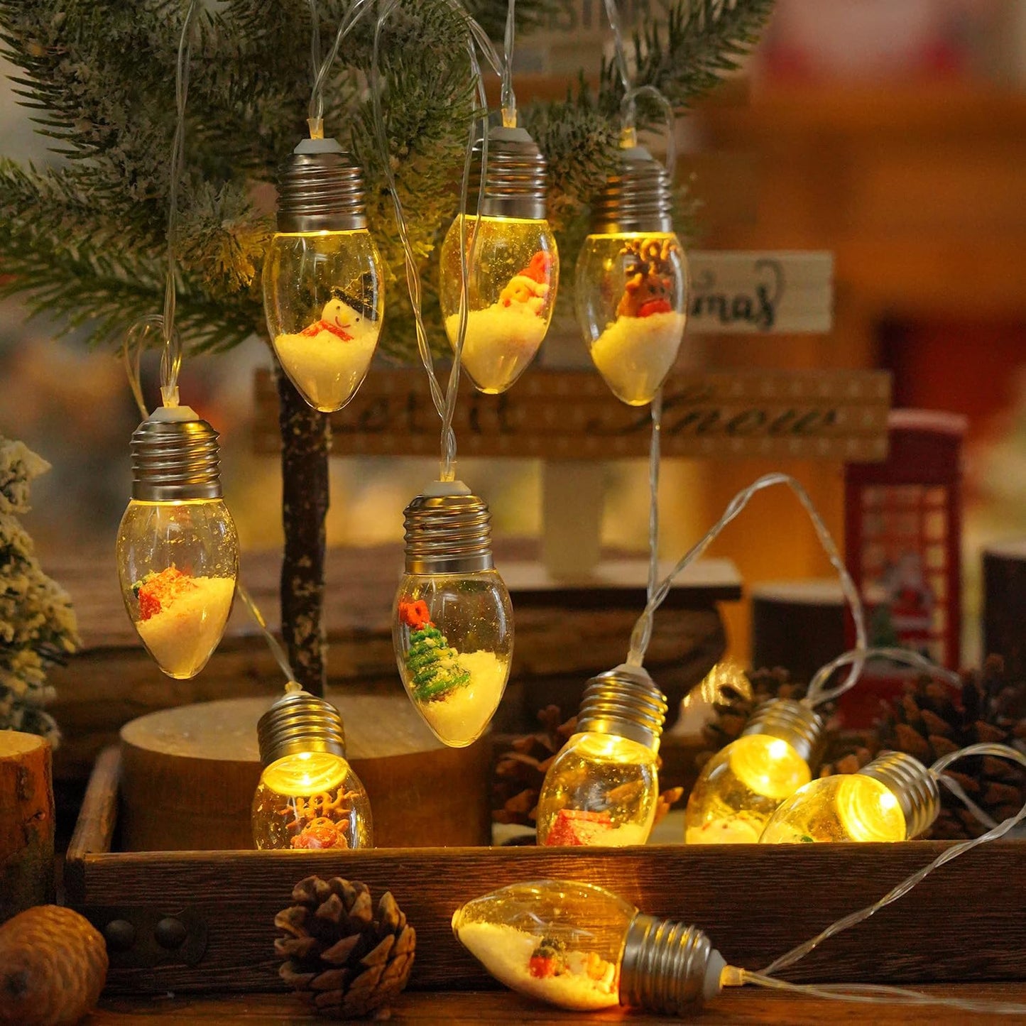 Christmas Snow Globe String Lights Indoor Decorations,10 LED Clear Bulbs Christmas Tree Snow Globe String Lights with Five Dolls for Bedroom Party Vintage Christmas Decor(6.6FT)