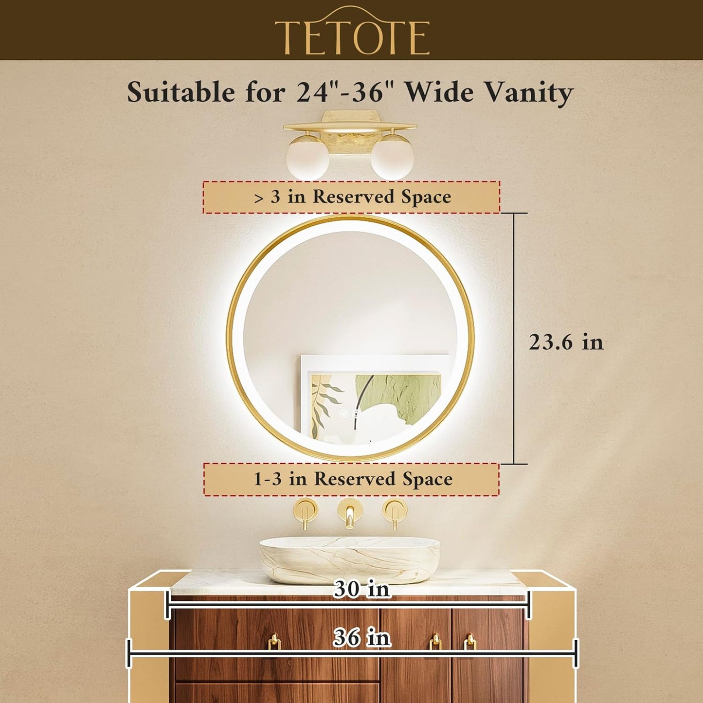 TETOTE Round Led Oil Rubbed Bronze Bathroom Mirror 24 Inch Circle Round Lighted Vanity Mirror with Lights for Bathroom Wall, 3 Color Stepless Dimmable, Anti Fog, Shatterproof, CRI 90+