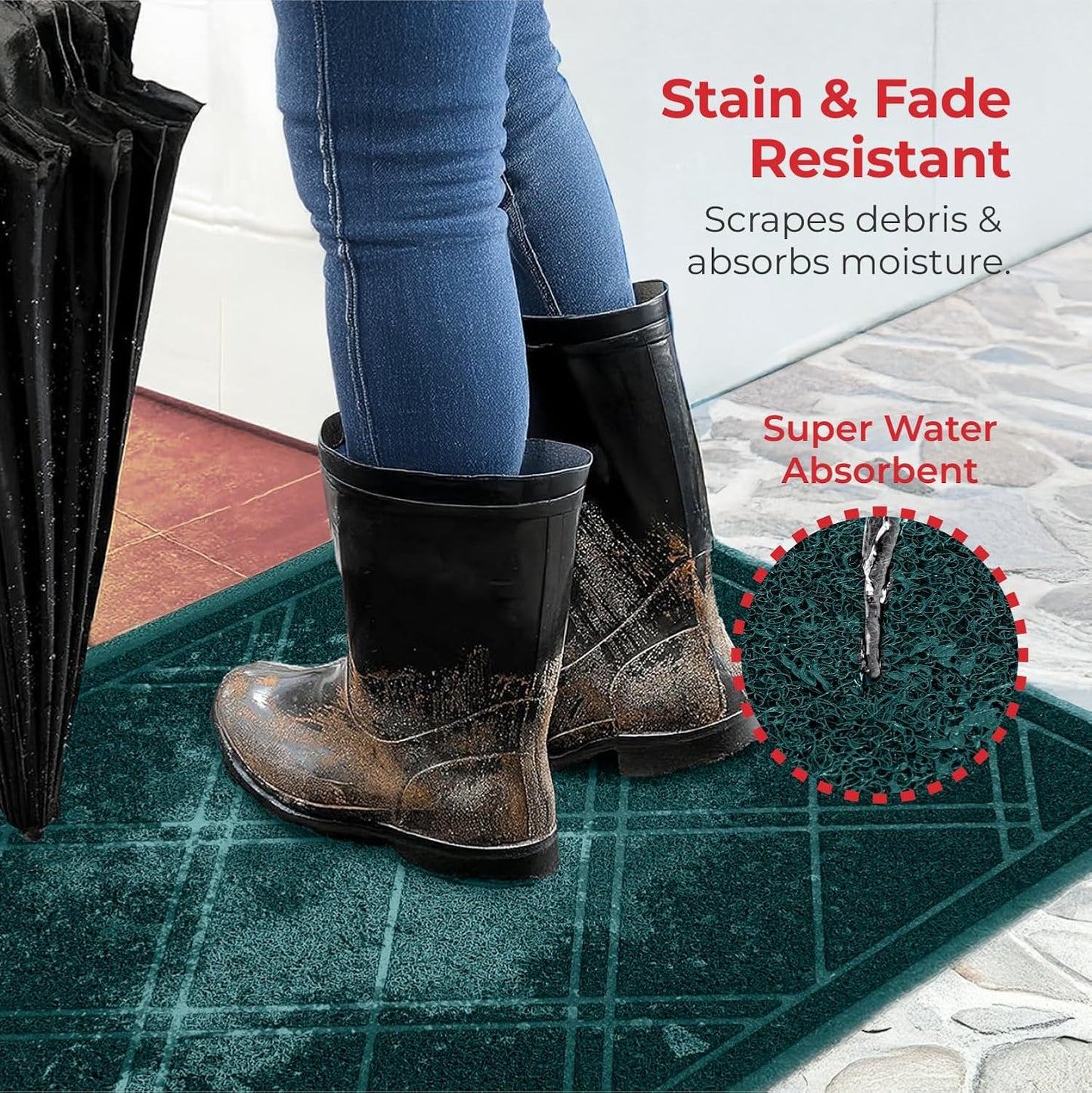 SlipToGrip Entryway Mat for Indoor Outdoor Use - No-Slip Front Doormat for Outside Entrance - 42 x 35 Inch Washable Outdoor Mat with Green Plaid Design for Porch, Garage, and Patio