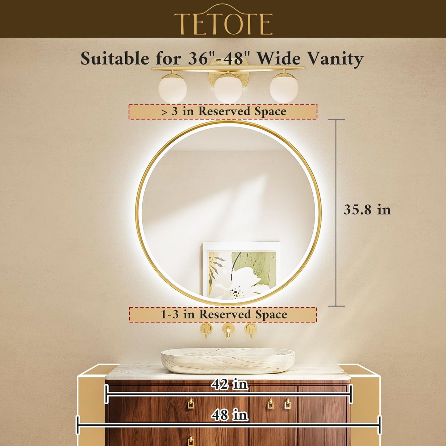 TETOTE Round Led Lighted Bathroom Mirror Matte Black Frame 36 Inch Front and Backlit Circle Round Light up Vanity Mirror with Lights, 3 Color Illuminated Dimmable Anti Fog Wall Mount, IP54 CRI 90+