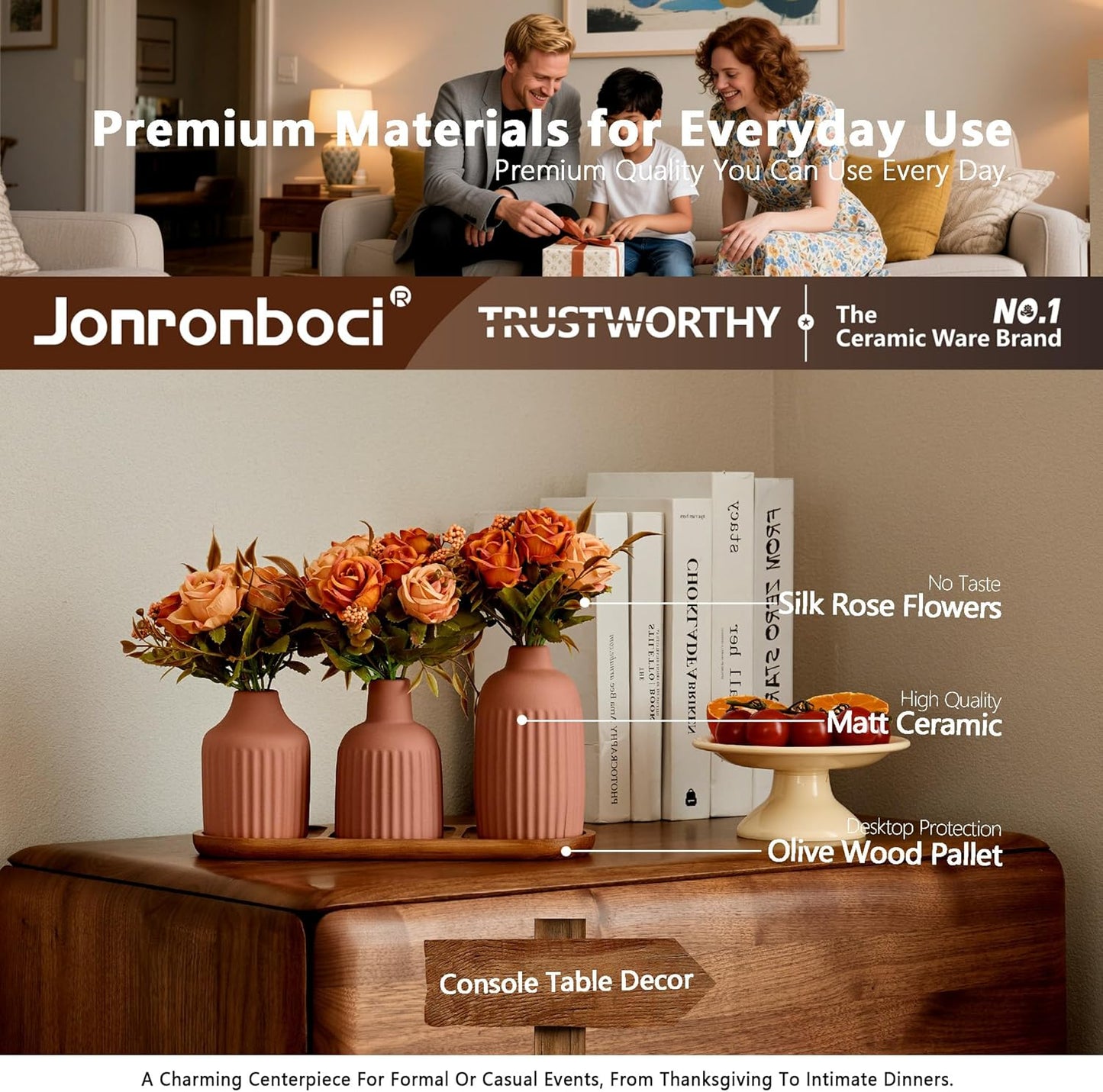 3Pcs Silk Rose Artificial Flowers with Vase & Tray - Faux Floral Plant Arrangement, Fall Fake Flowers in Vase Home Decor, Kitchen or Dining Table Decor Centerpiece, Decoration for Table (Matte Orange)