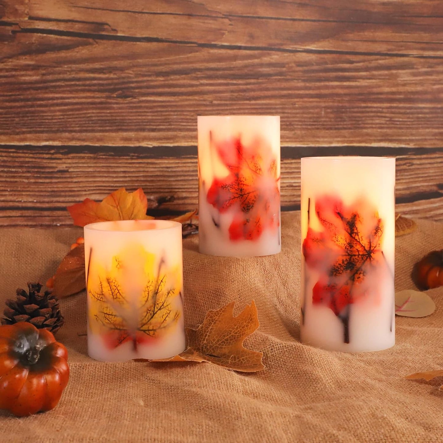 Crystal Club Fall Flameless Candles with Remote and Timer, Autumn Maple Leaves Battery Operated Candles Flickering LED Pillar Candles for Autumn Harvest Halloween Thanksgiving Decor