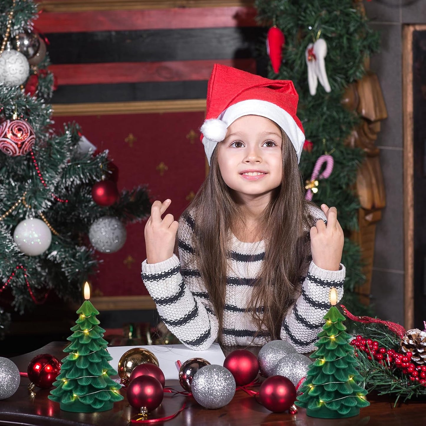 Wondise Christmas Tree Flameless Candles with String Lights 11-Key Remote and Timer, Real Wax Battery Operated 3D Wick LED Flickering Candles for Christmas Holiday Indoor Dinner Decor(3" x 7.1")