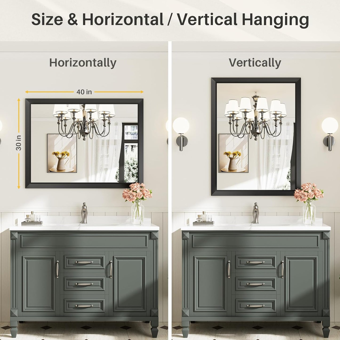 40x30 Inch Black Bathroom Mirror for Wall, Thick Metal Framed Rectangle Mirrors for Over Sink, Bedroom, Living Room, Entryway, Anti-Rust, HD Tempered Glass