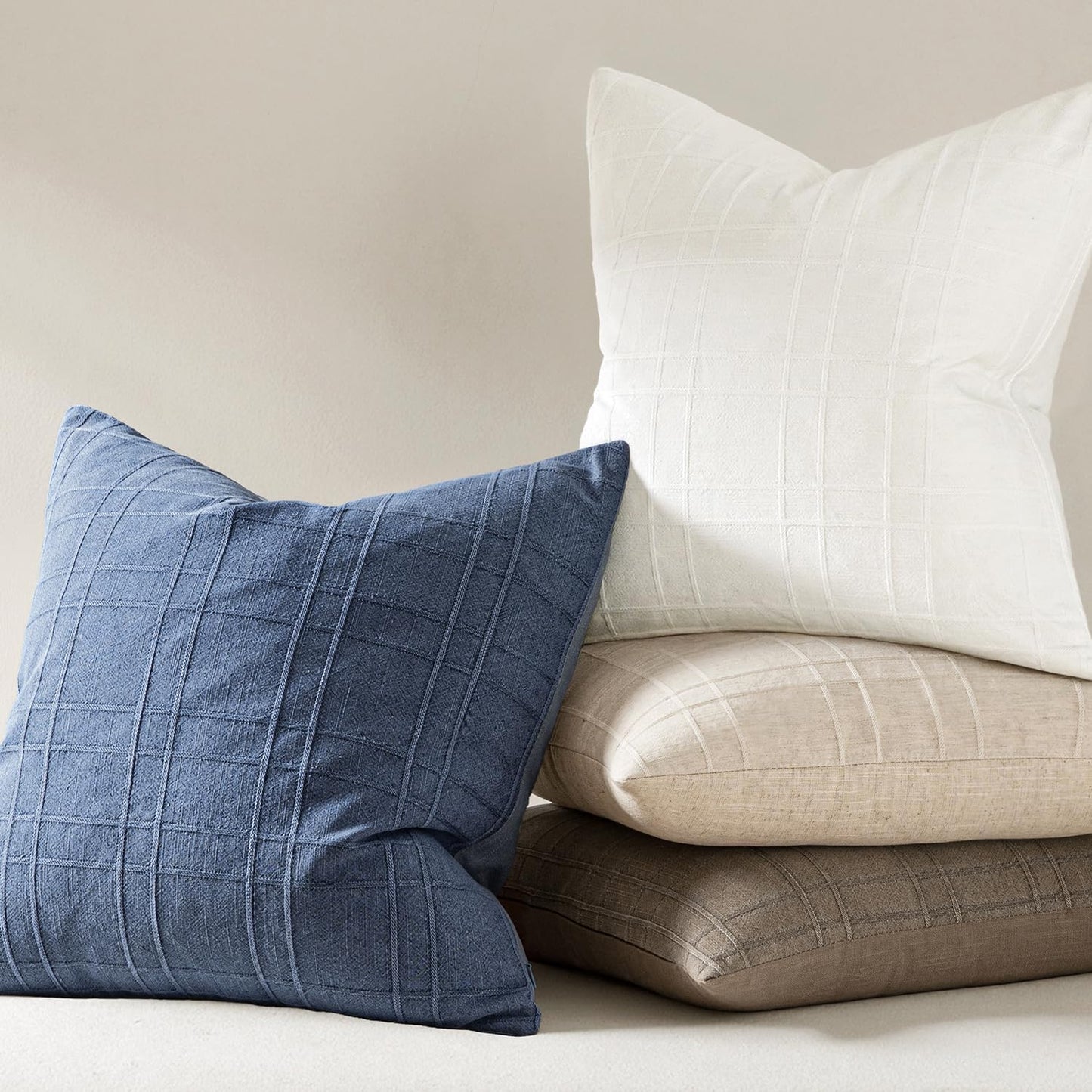 MIULEE Decorative Linen Check Throw Pillow Covers Neutral Farmhouse Vintage Christmas Pillow Covers 18x18 Set of 2 Boho Modern Home Decor for Sofa Couch Bedroom Cushion Cream White