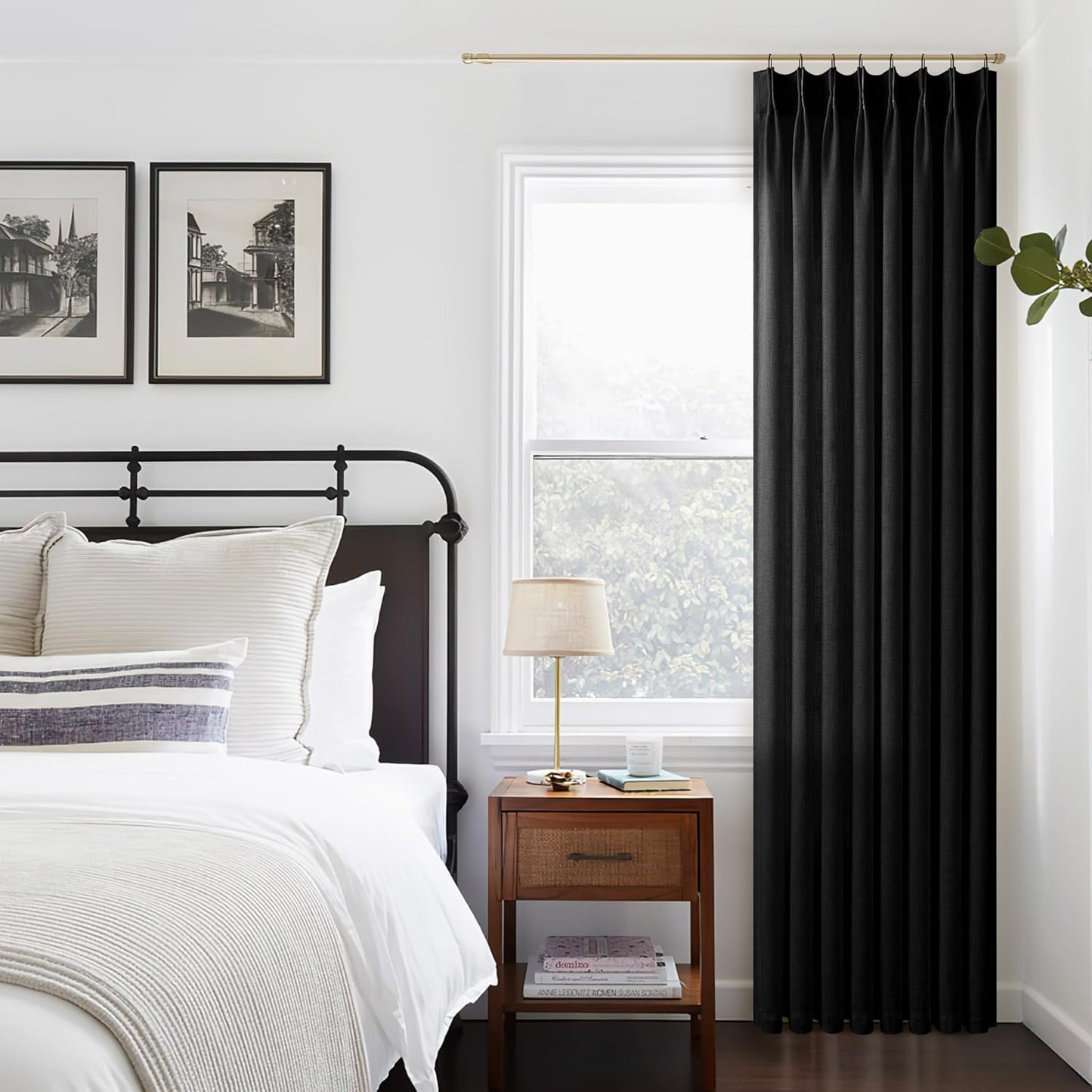 Black Linen Semi Sheer Curtains 96 Inches Long for Living Room Bedroom Light Filtering Black Textured Burlap Pinch Pleated Curtains 96 Length Hooks Rings Back Tab for Sliding Glass Door 1 Panel